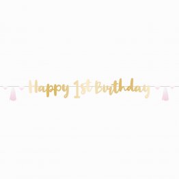 Banner decorativ auriu cu ciucuri roz pentru petrecere 1.8 m, Happy Birthday Prima aniversare
