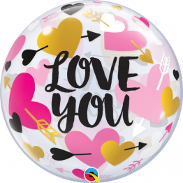 Balon Bubble 22''/56 cm - Love You Hearts & Arrows, Qualatex 78457
