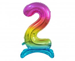 Balon folie cifra 2 rainbow cu suport 74 cm