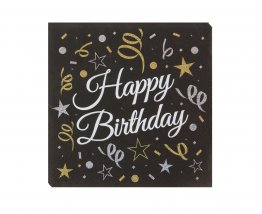 Set 20 servetele petrecere Happy Birthday negru cu auriu 33 x 33 cm