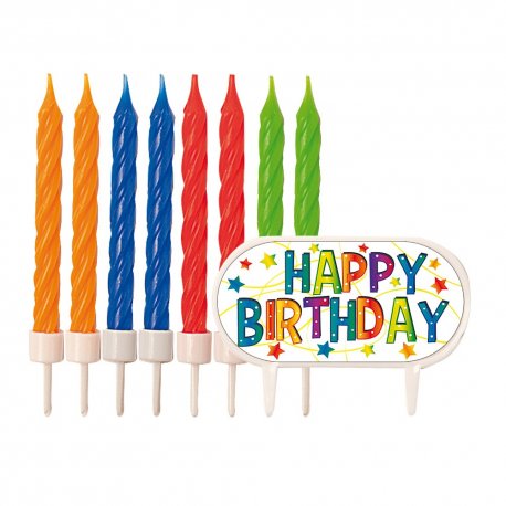 Lumanari aniversare pentru tort cu decor Happy Birthday, Radar 51419, set 8 bucati